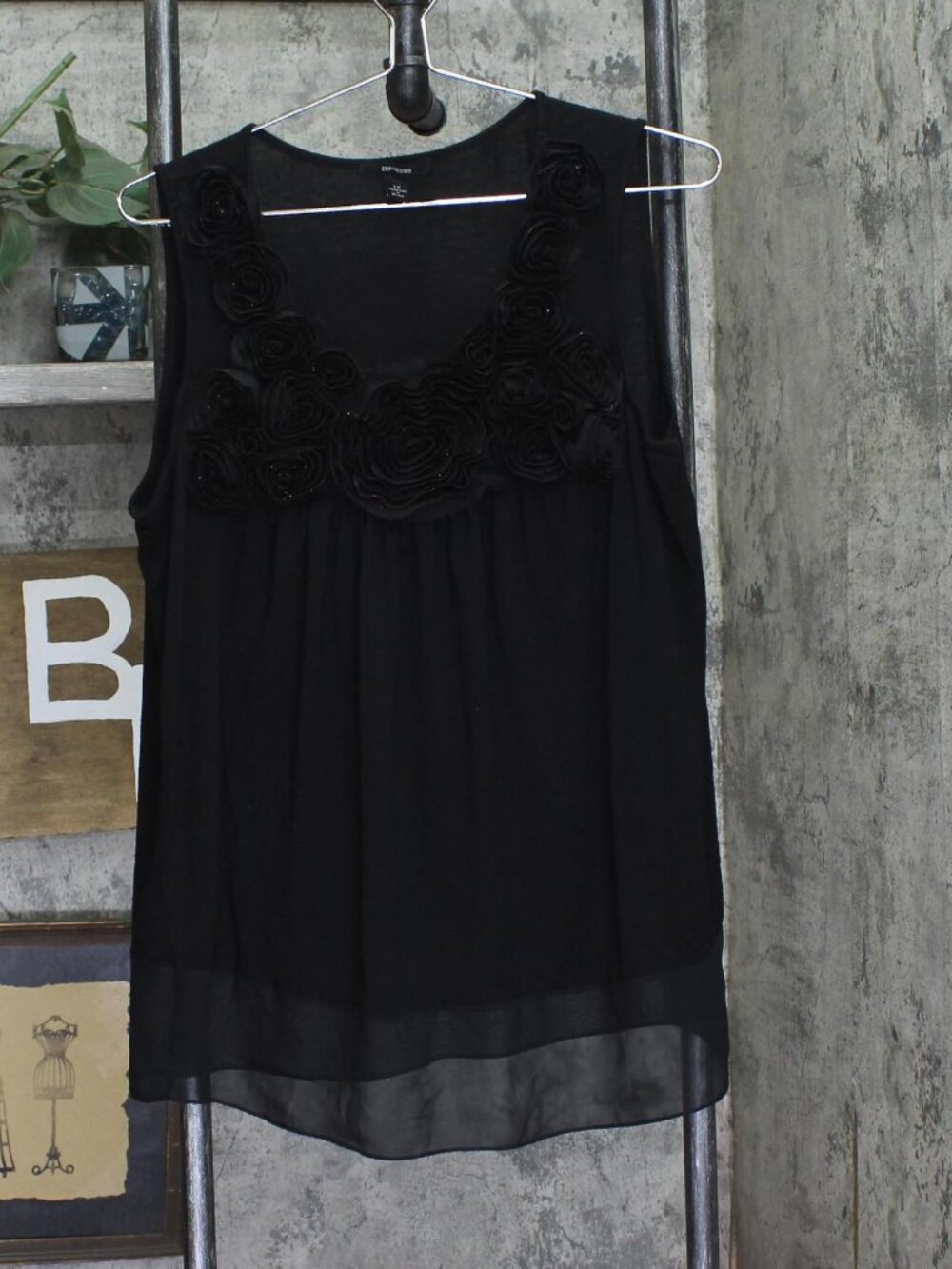 Espresso Rose Applique Chiffon Trim Knit Sleeveless Top Black 1X